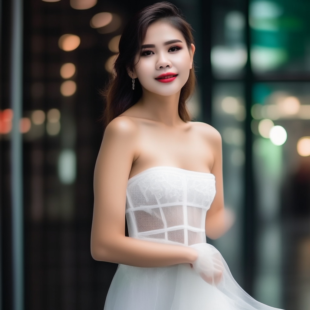 Beautiful Thai woman wearing a strapless white see through dress