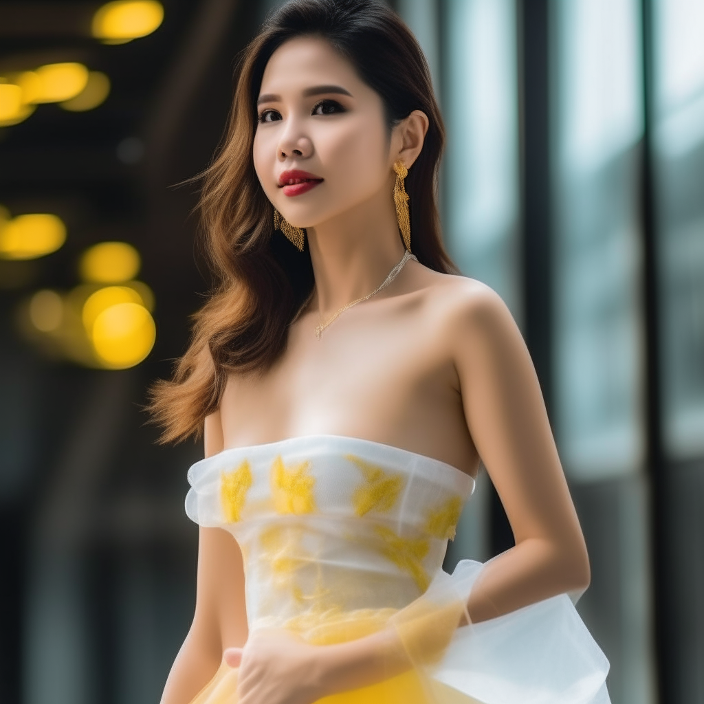 Beautiful Thai woman wearing a strapless White and yellow see through dress