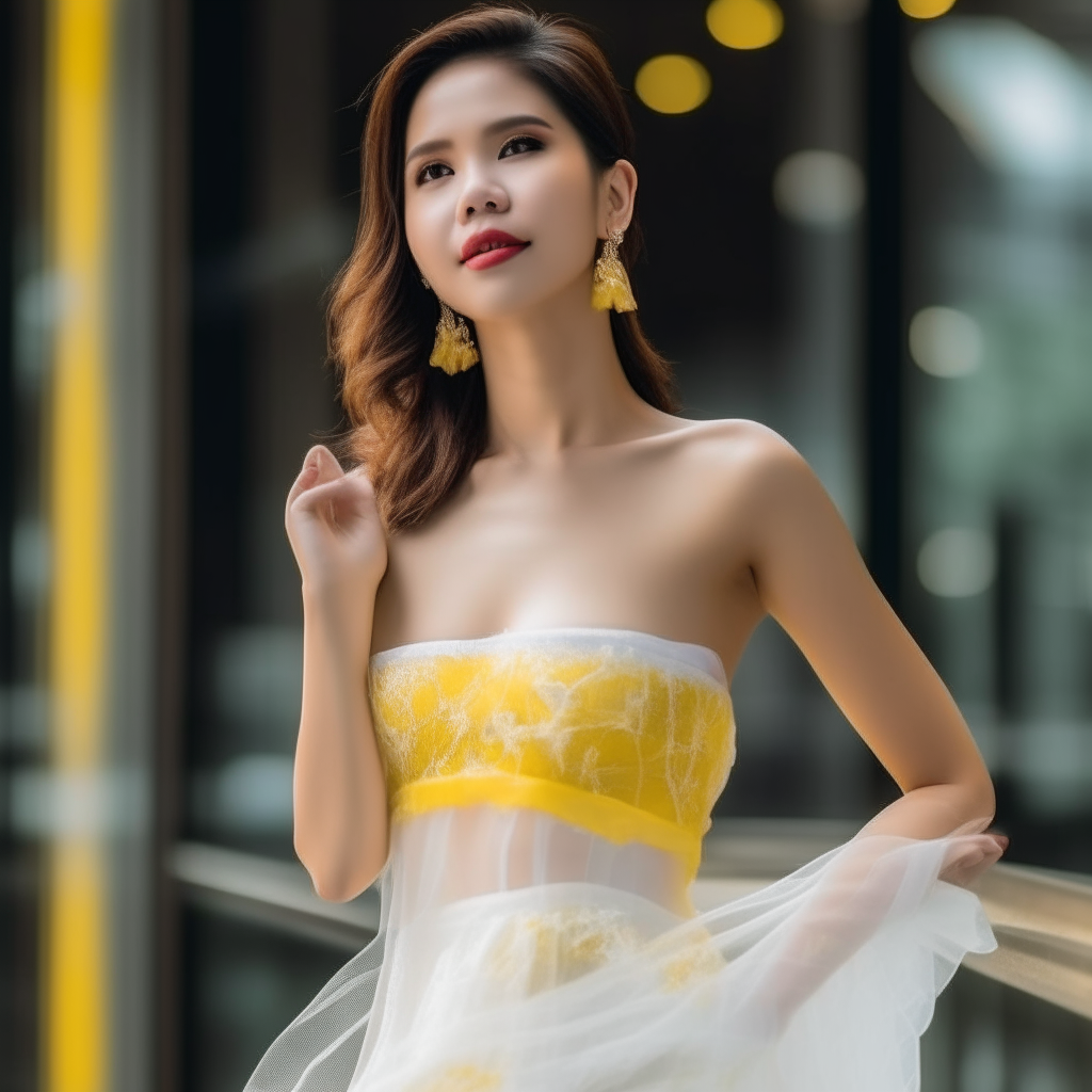 Beautiful Thai woman wearing a strapless White and yellow see through dress