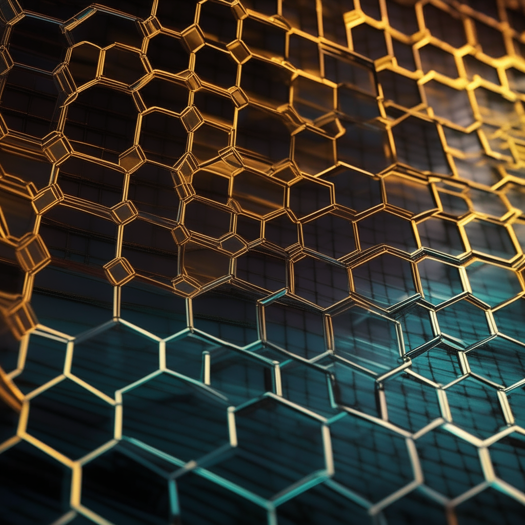 a hexagonal grid pattern made of thin metallic wires, with some wires glowing brighter than others to represent filtering or filtering out unwanted signals