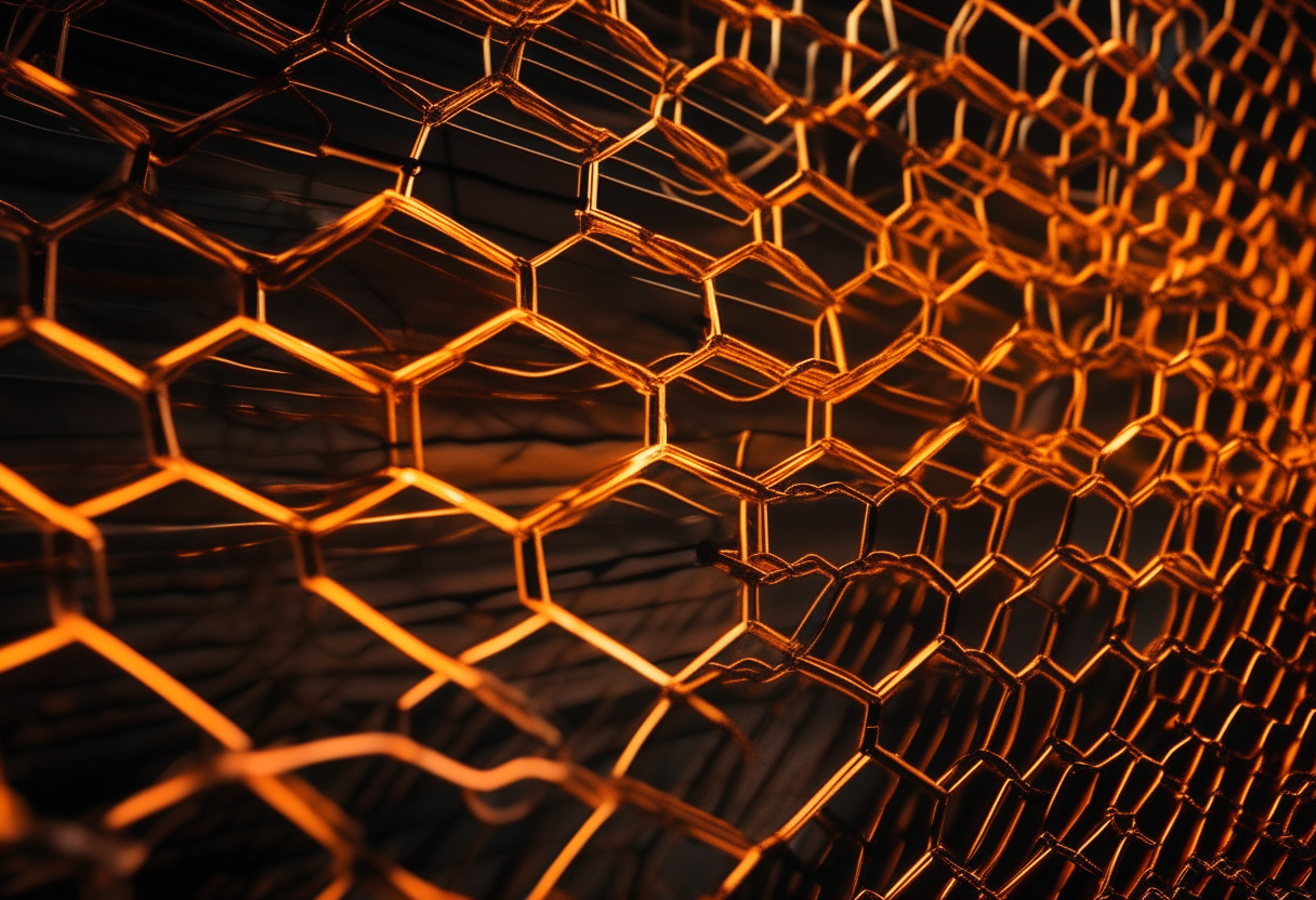 a hexagonal grid pattern made of thin metallic wires glowing with an orange hue, some wires brighter than others, in a dark semi-industrial setting, representing filtering or filtering out unwanted signals