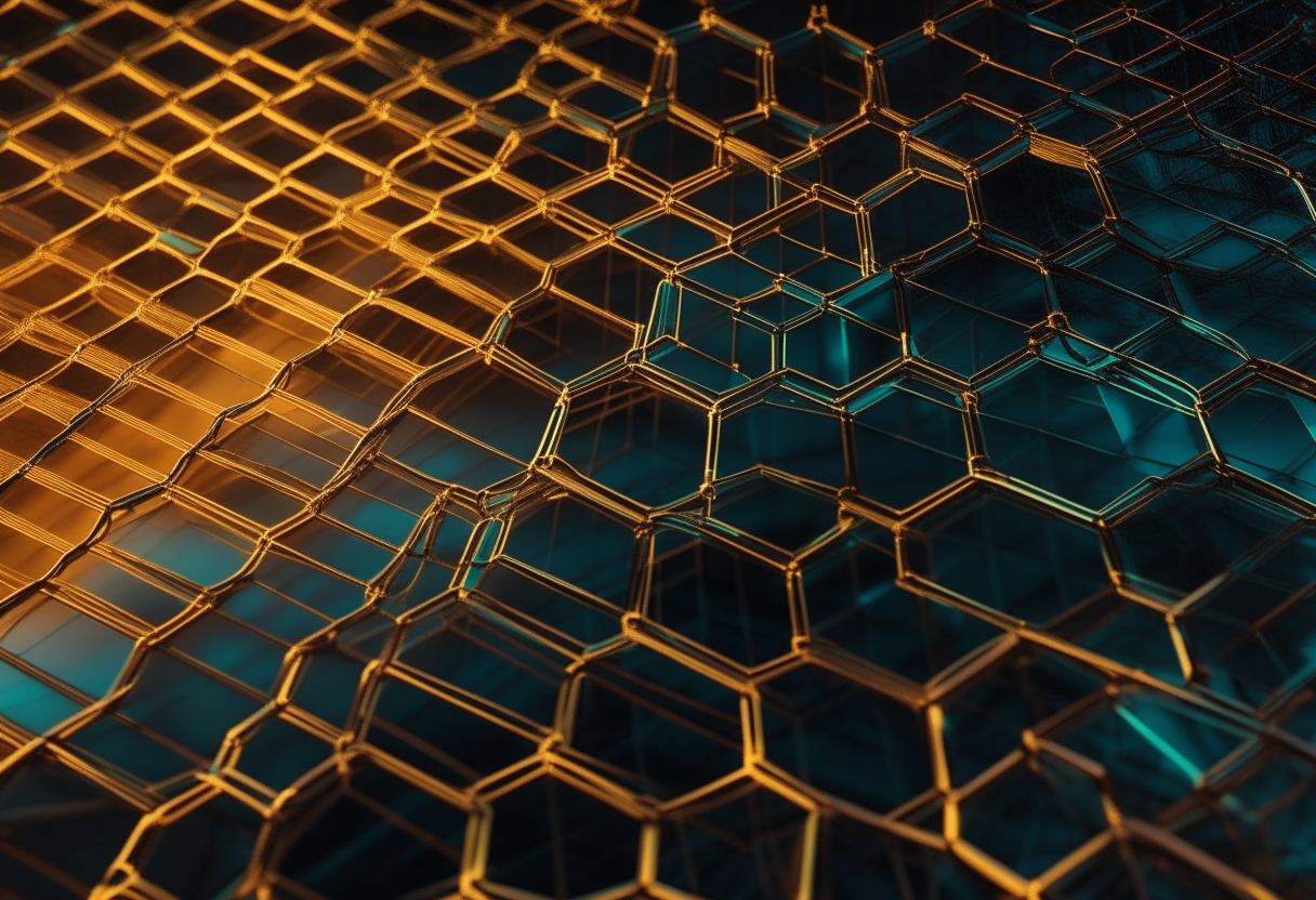 a hexagonal grid pattern made of thin glowing metallic wires, with some brighter than others, the wires are very close together forming a fine intricate pattern, representing filtering or filtering out unwanted signals in detail