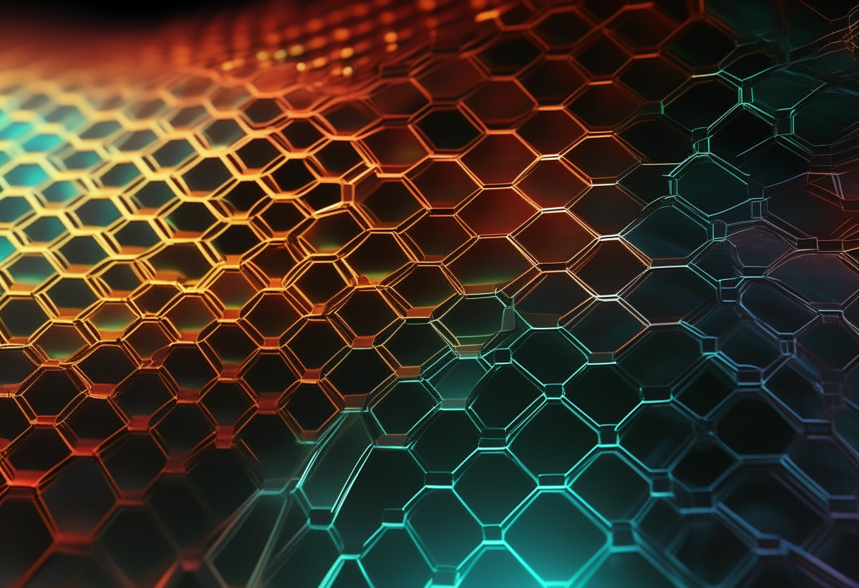 a microscopic hexagonal grid pattern made of individual glowing metallic nanowires, with some brighter than others, representing filtering or filtering out unwanted signals at the smallest level