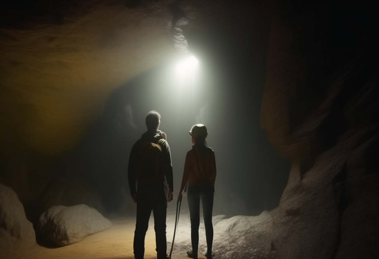 back view: 1man and 1 women they have flashlights in the cave  8k HD cinematique,ultra realiste