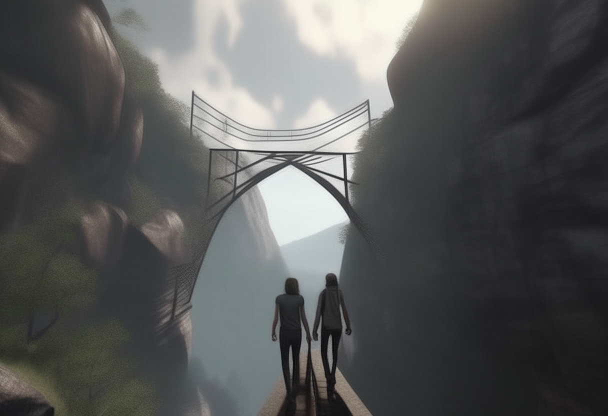  back view of a man and woman crossing a suspension bridge high above a cave   8k HD cinematique,ultra realiste format 16:9