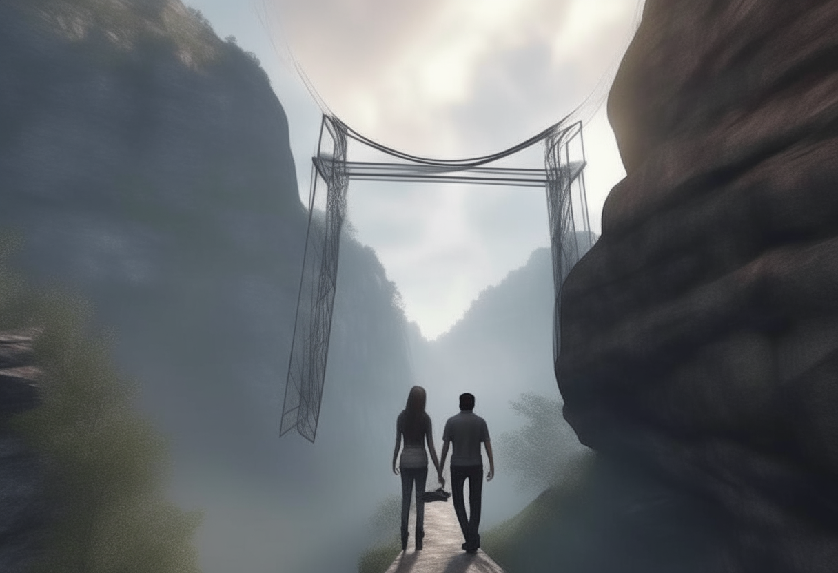  back view of a man and woman crossing a suspension bridge high above a cave   8k HD cinematique,ultra realiste format 16:9