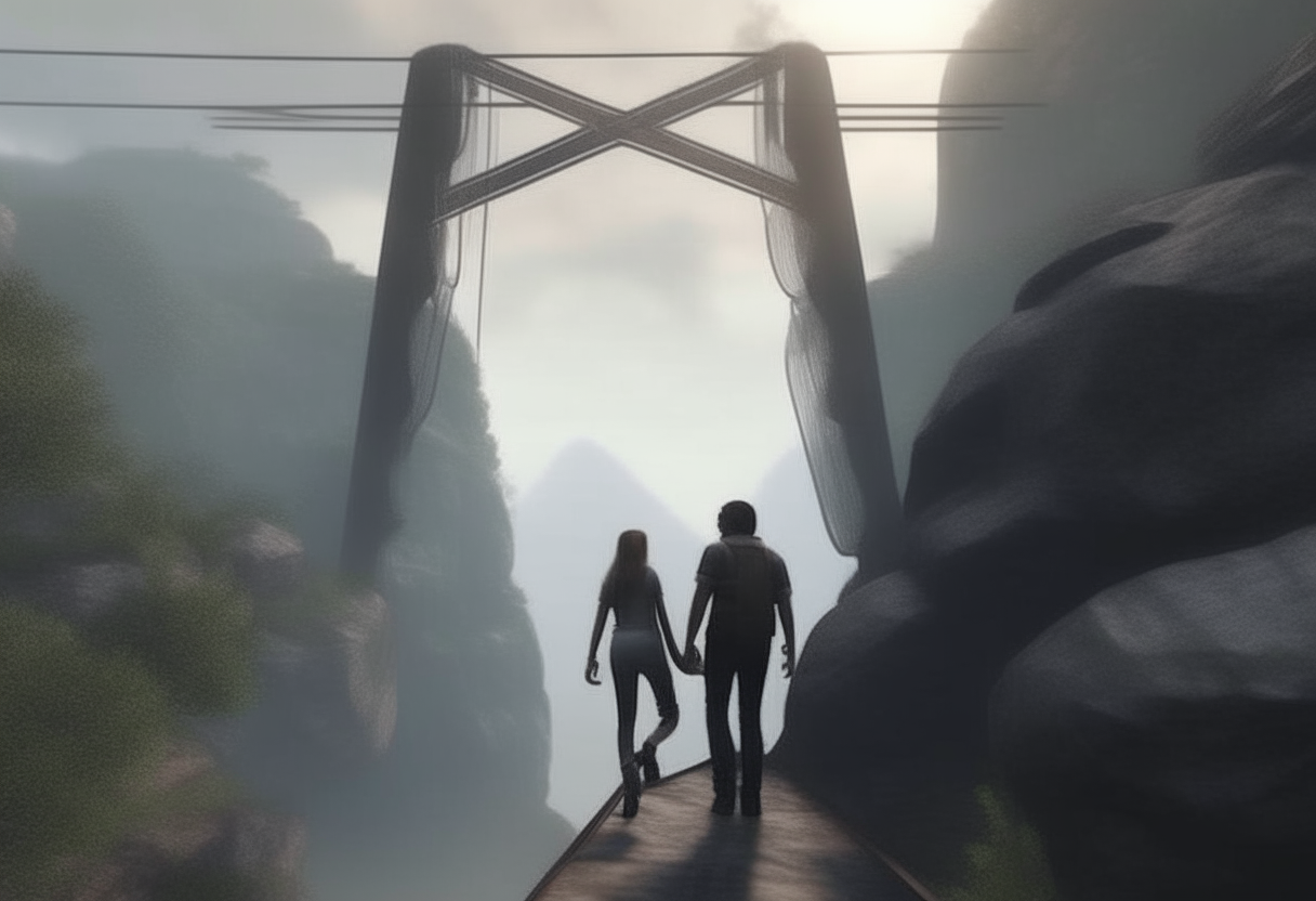  back view of a man and woman crossing a suspension bridge 
above a cave   8k HD cinematique,ultra realiste format 16:9