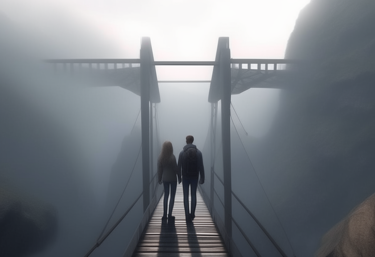  back view of a man and a woman crossing a bridge suspended in the void between 2 cliffs    8k HD cinematique,ultra realiste format 16:9