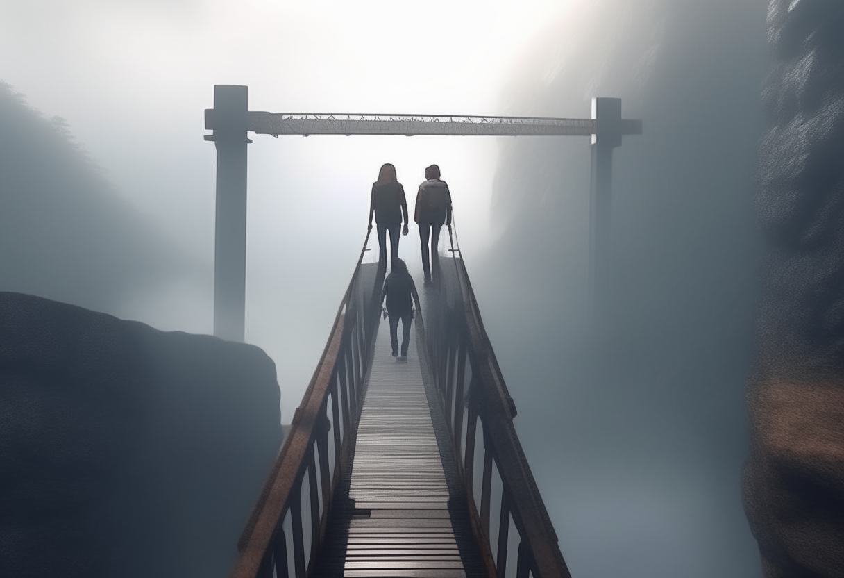  back view of a man and a woman crossing a bridge suspended in the void between 2 cliffs    8k HD cinematique,ultra realiste format 16:9