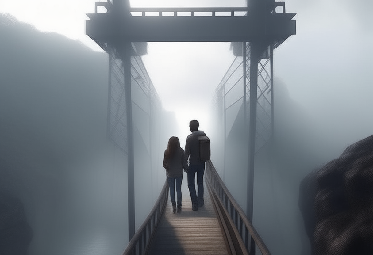  back view of a man and a woman crossing a bridge suspended in the void between 2 cliffs    8k HD cinematique,ultra realiste format 16:9