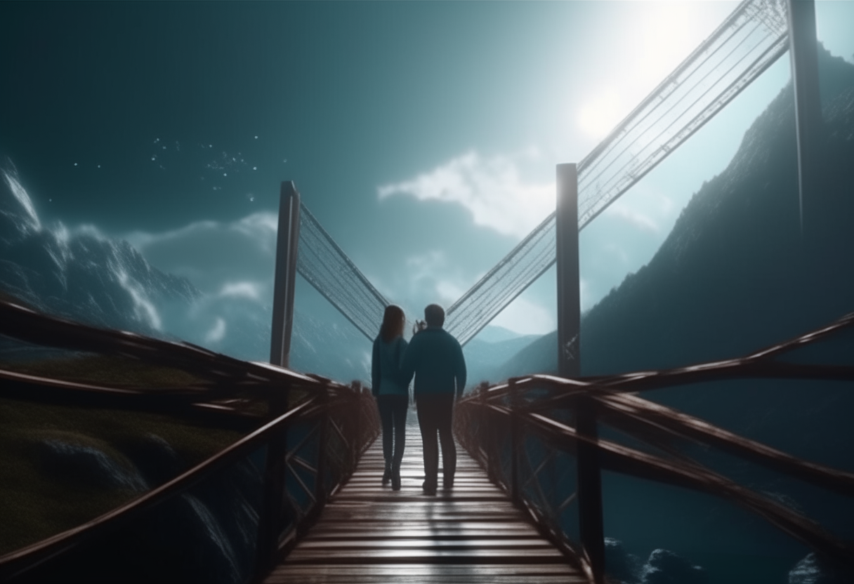 seen from behind in the mountains, a man and a woman cross a bridge suspended in space       8k HD cinematique,ultra realiste format 16:9