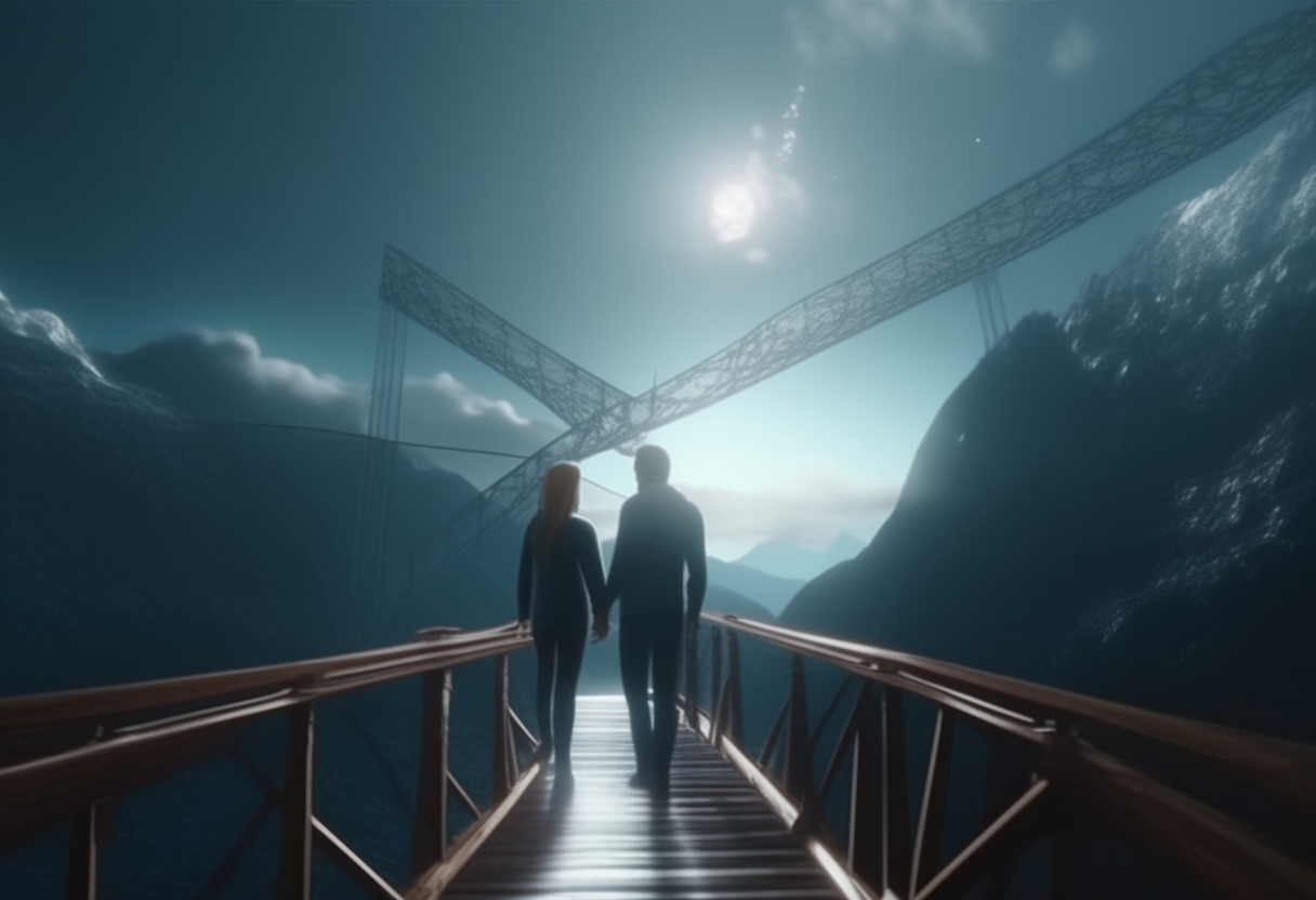 seen from behind in the mountains, a man and a woman cross a bridge suspended in space       8k HD cinematique,ultra realiste format 16:9