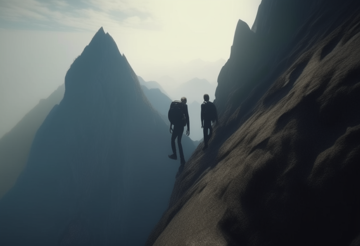     back view of a man and woman climbing a steep mountain into the void      8k HD cinematique,ultra realiste format 16:9