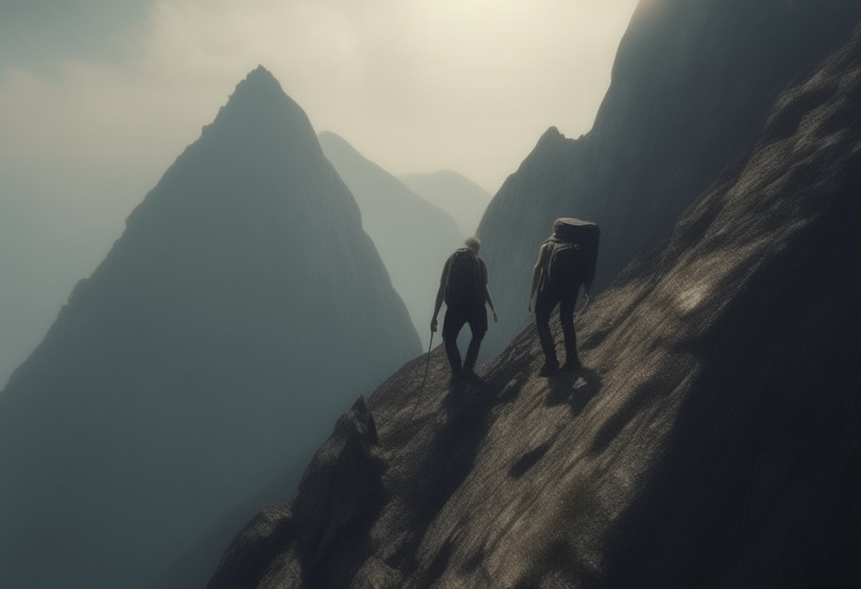     back view of a man and 1 woman climbing a steep mountain into the void      8k HD cinematique,ultra realiste format 16:9