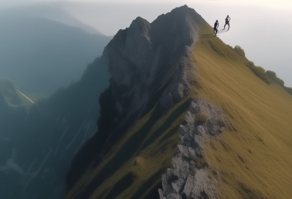     aerial view in the mountain a man and a woman climb the steep mountain into the void     8k HD cinematique,ultra realiste format 16:9