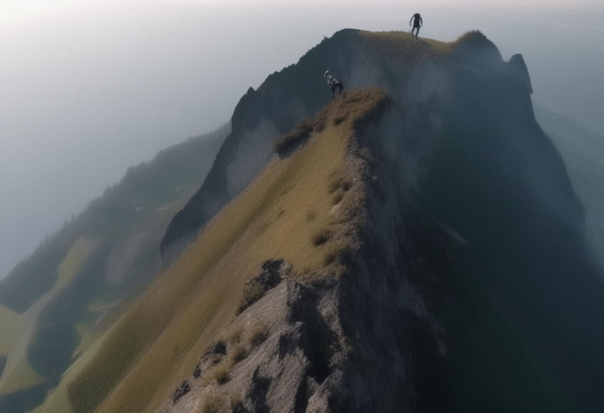     aerial view in the mountain a man and a woman climb the steep mountain into the void     8k HD cinematique,ultra realiste format 16:9