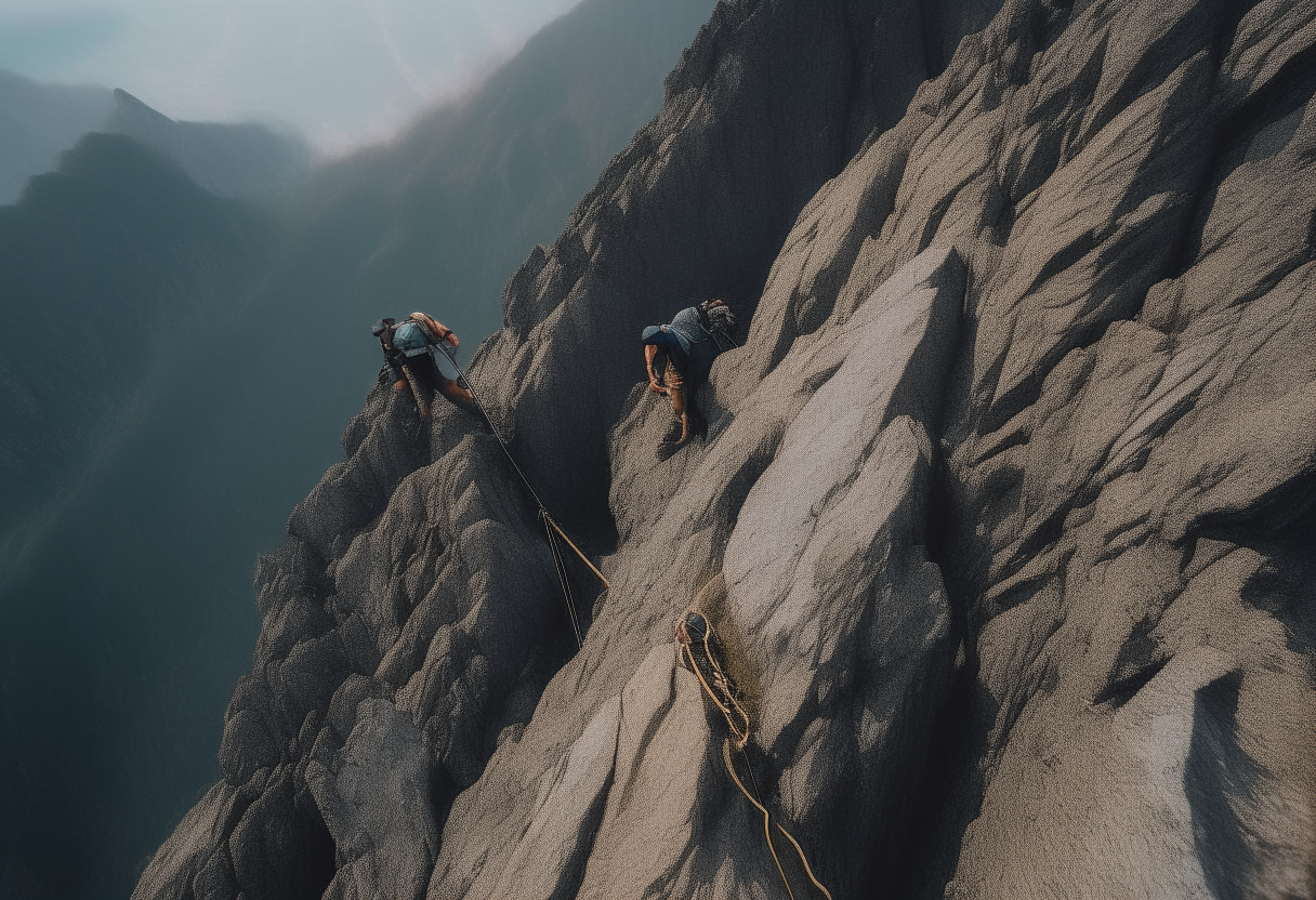 aerial view of a man and woman climbing a steep mountain into the void   