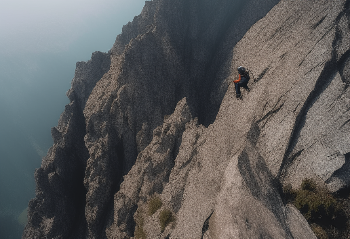 aerial view of a man and woman climbing a steep mountain into the void   