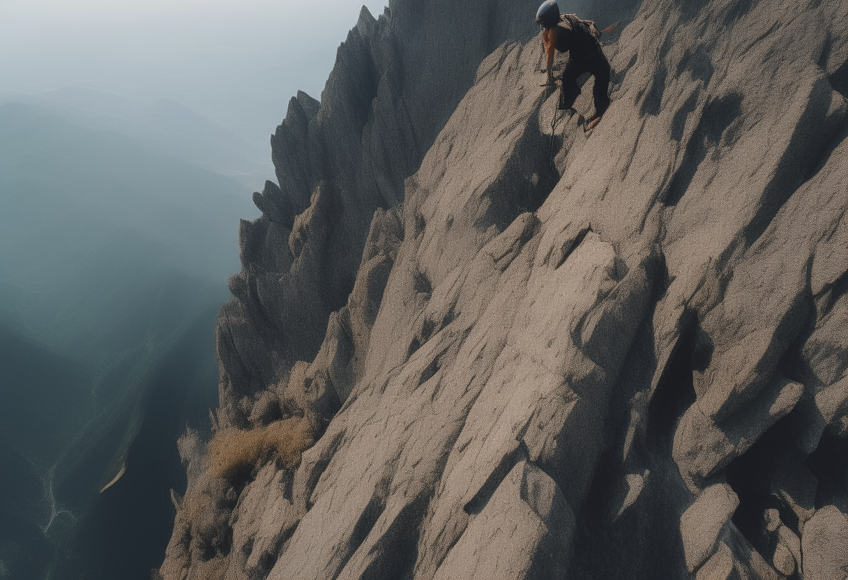 aerial view of a man and woman climbing a steep mountain into the void   