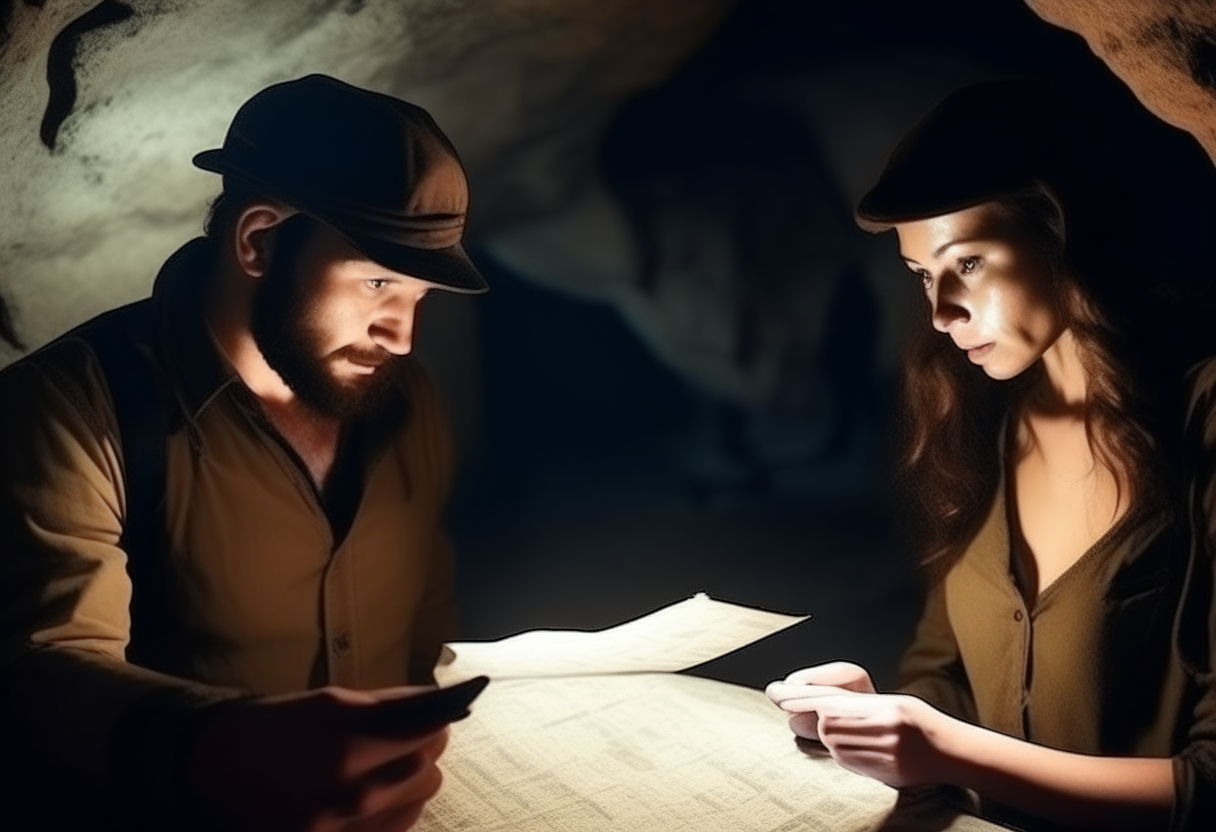 in the cave a man and a woman try to solve the enigma 