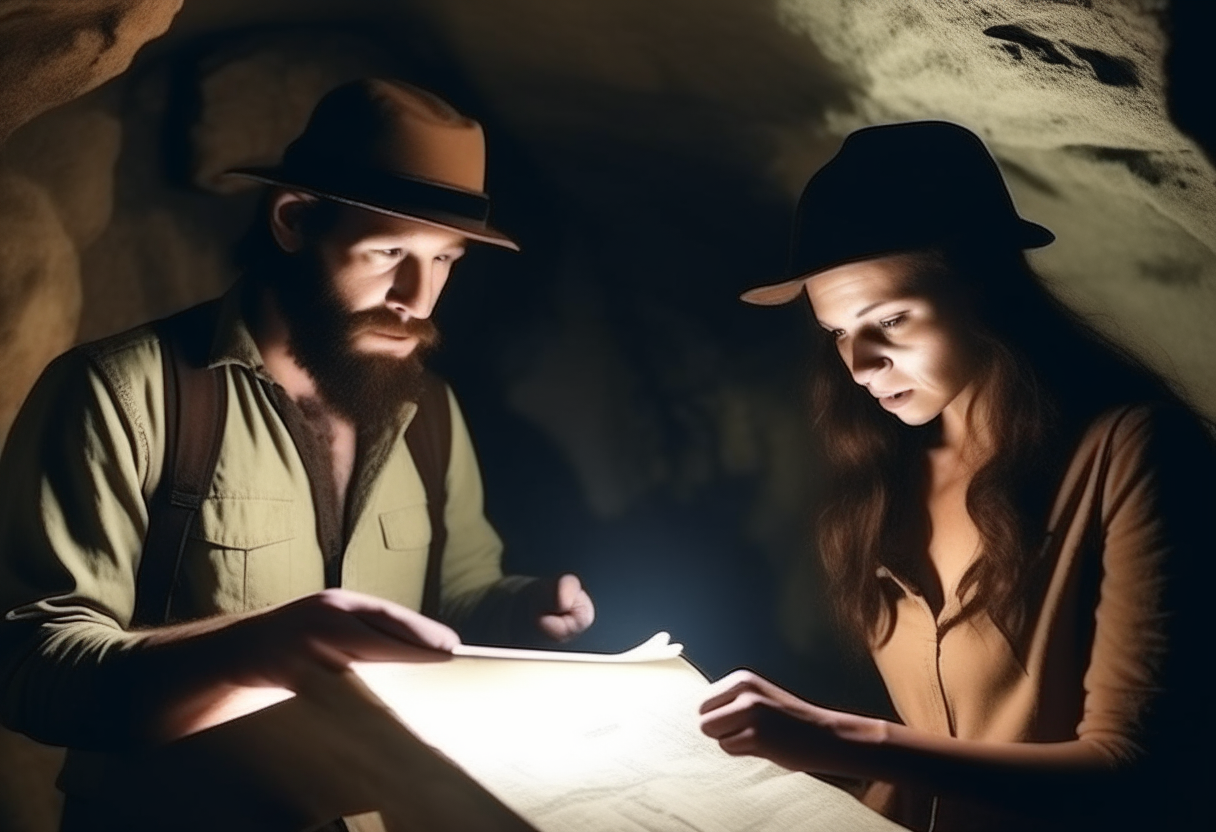 in the cave a man and a woman try to solve the enigma 