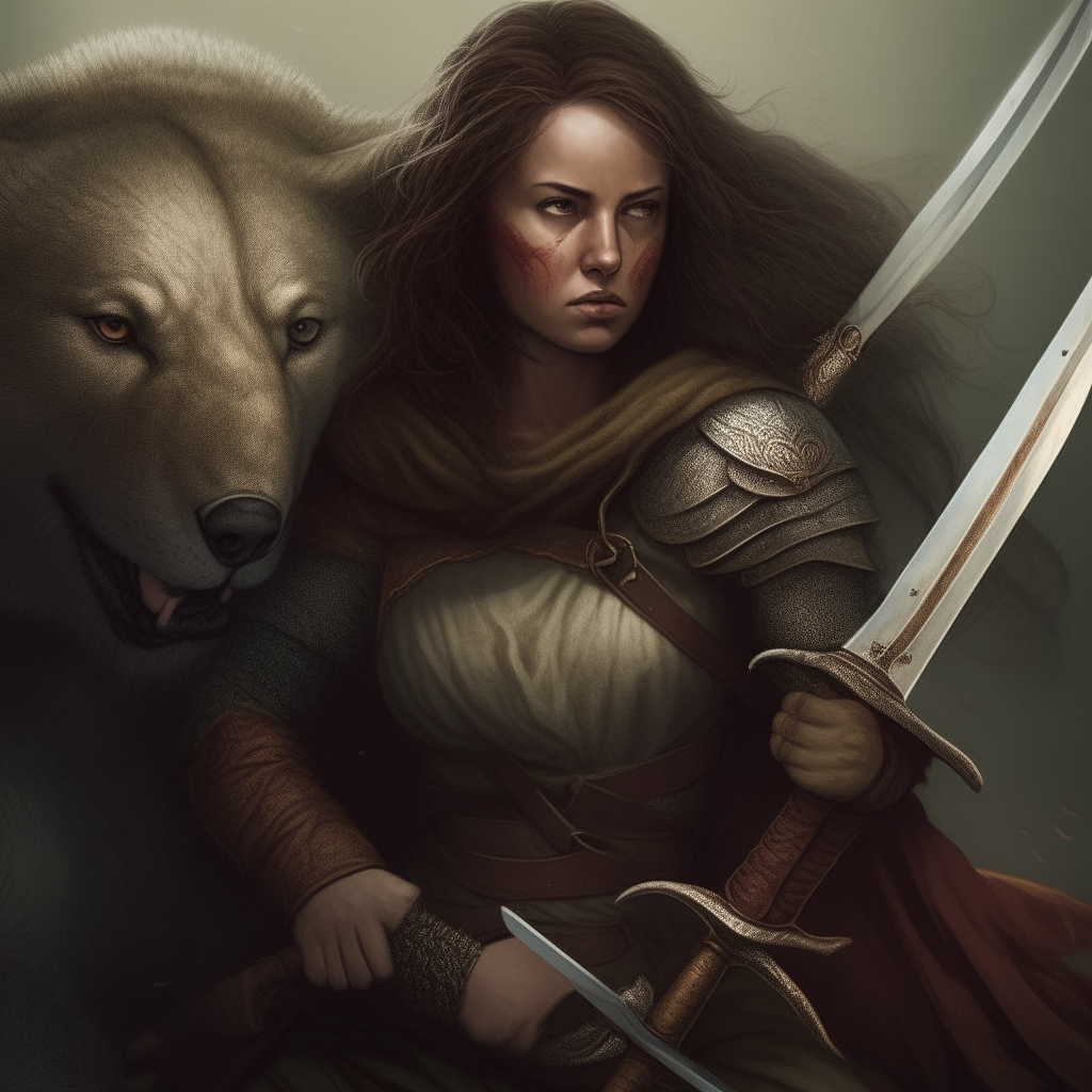 A medieval warrior woman creates fearful creatures around her while fighting or with a sword.