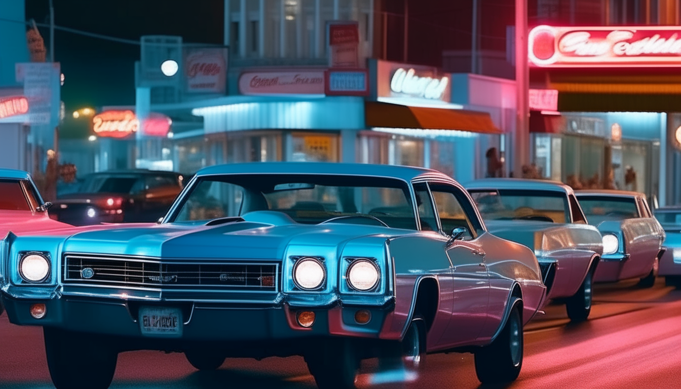 Traffic moves through the brightly lit city at dusk. Neon signs shine shades of blue and pink on the 1970s Chevelle cruising past other vintage cars along the busy road.