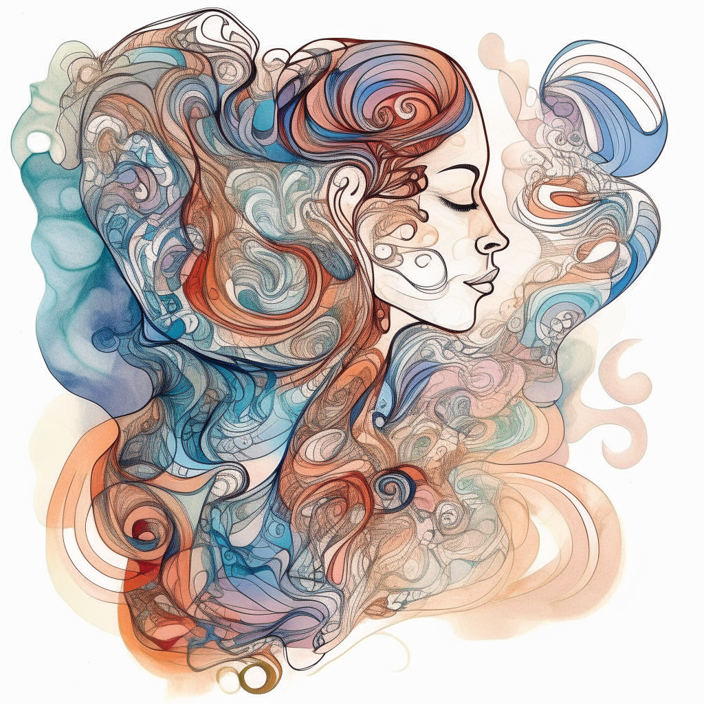 a figure surrounded by swirling patterns and thoughts drawn in pen and watercolor style