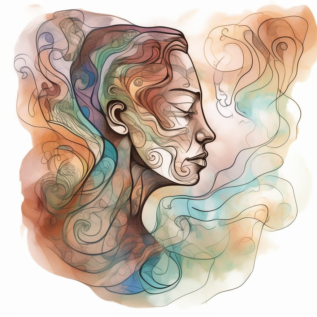 a figure looking pensive amidst swirling patterns and thoughts drawn in pen and watercolor style