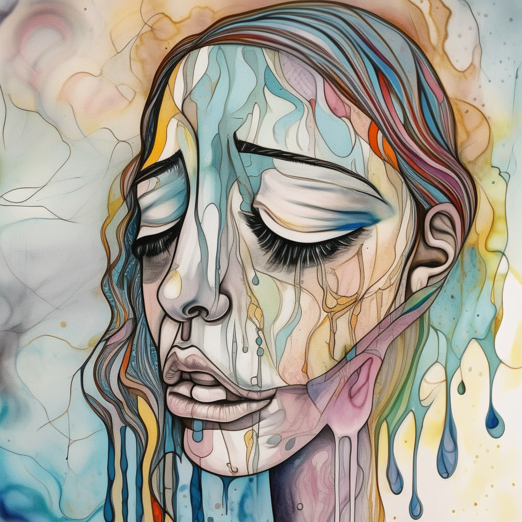 a crying figure amidst swirling patterns and thoughts drawn in pen and watercolor style, with tears visible