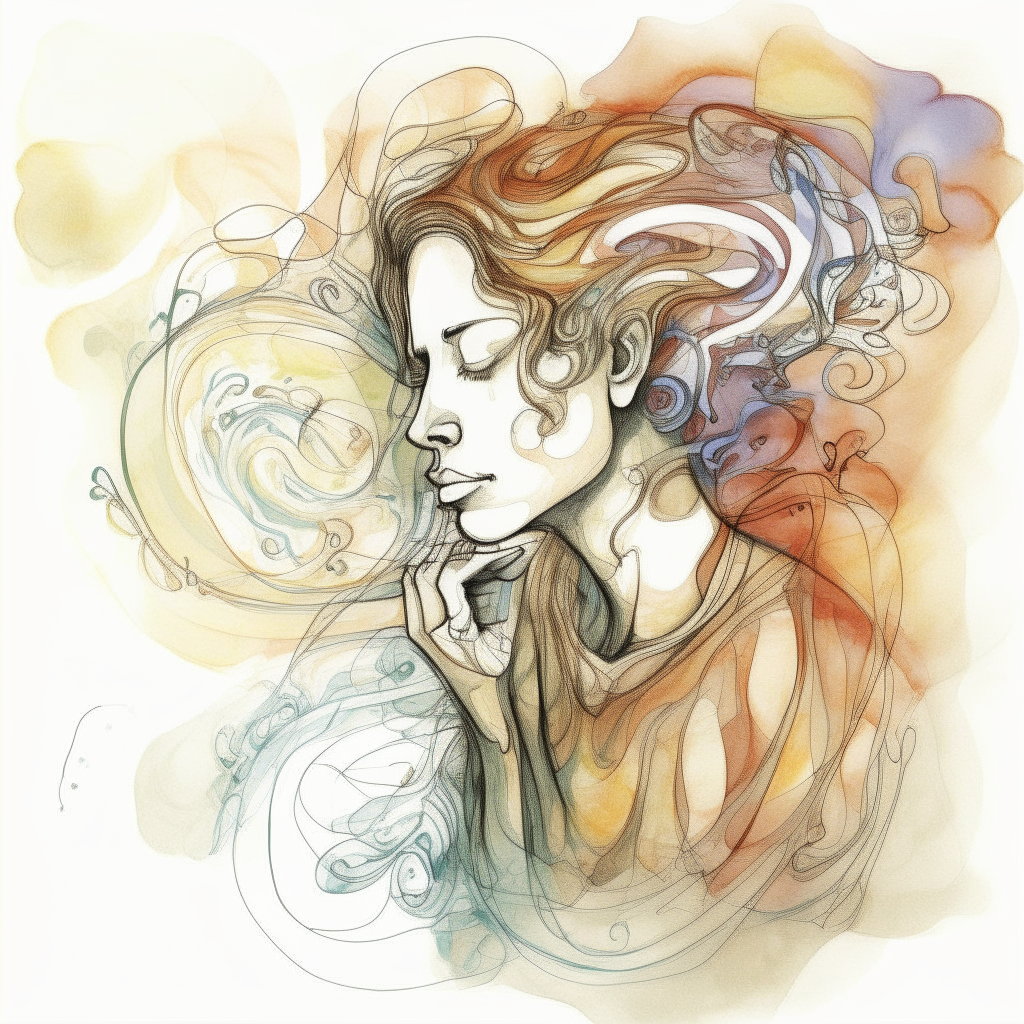 a pensive figure surrounded by swirling beliefs and emotions drawn in pen and watercolor style