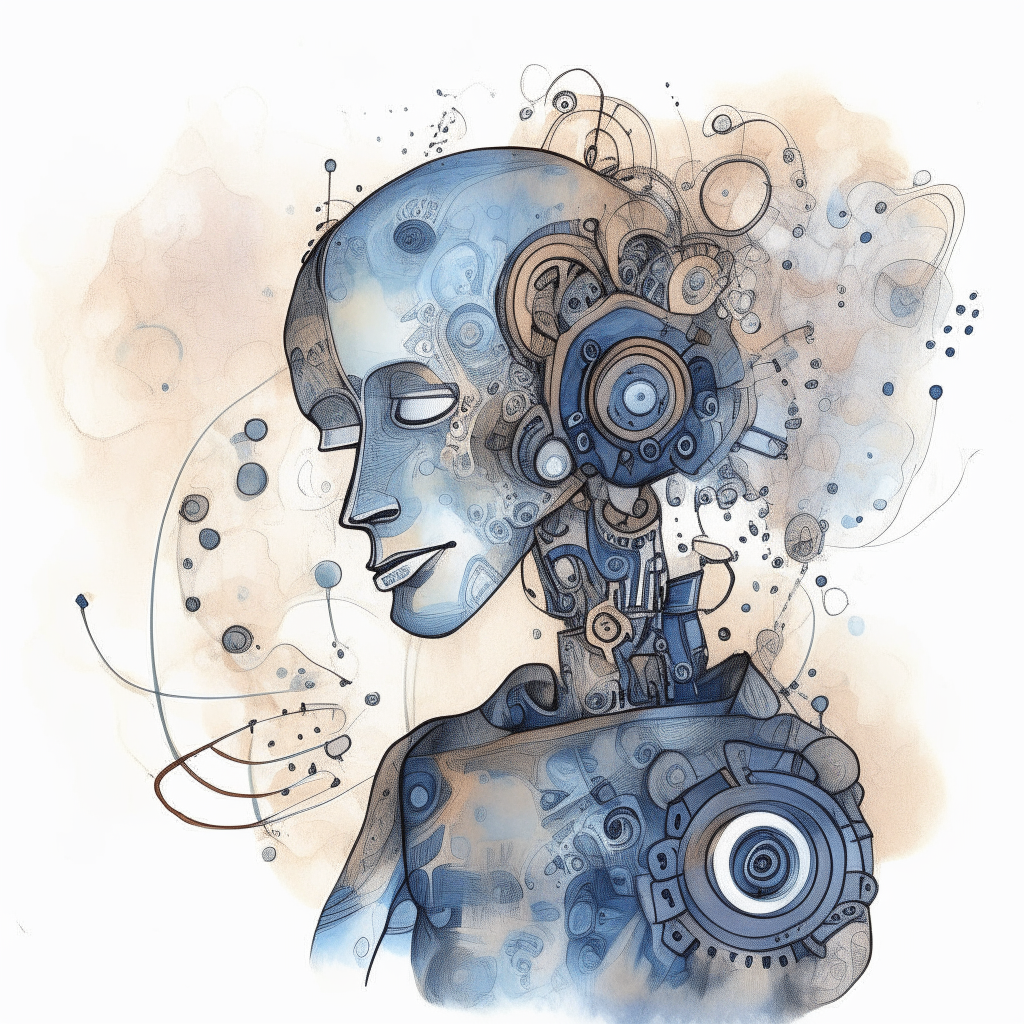 a contemplative robotic figure surrounded by swirling thoughts and doubts drawn in pen and watercolor style, with small gears visible