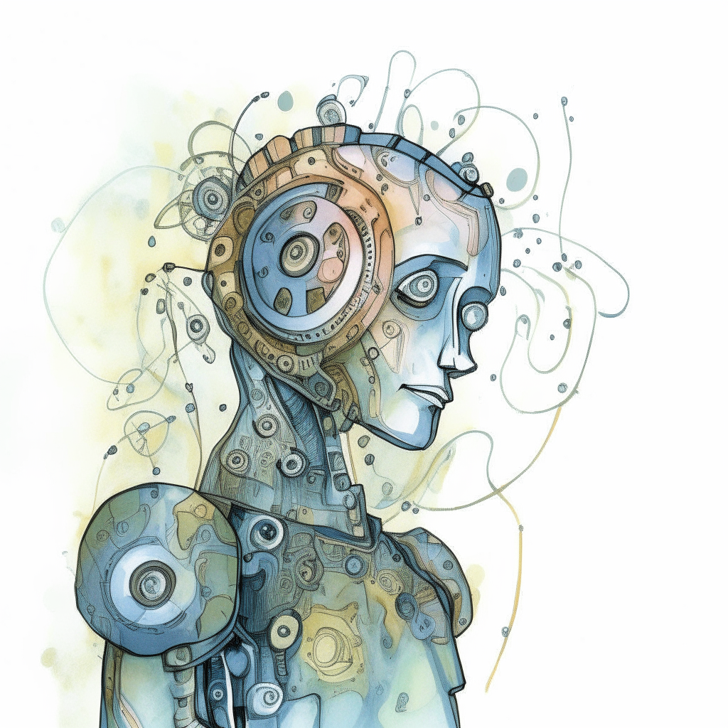 a pensive robotic figure amidst swirling logic and emotions drawn in pen and watercolor style, with gears underneath