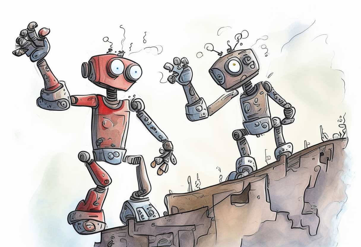 two robotic figures reaching across a gap, drawn in pen and watercolor style with visible gears and a thought bubble connecting them