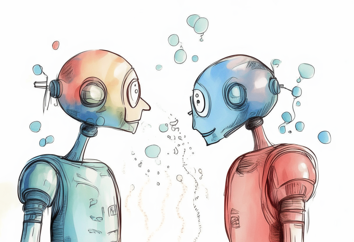 two robotic figures drawn in pen and watercolor style, facing each other with thought bubbles connecting their heads