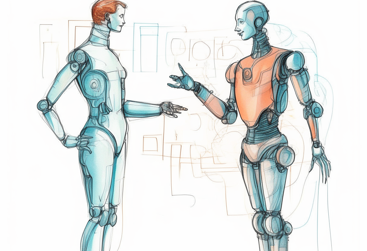 a robotic figure and human drawn in pen and watercolor style facing each other, the human pointing at a diagram and the robot looking thoughtful