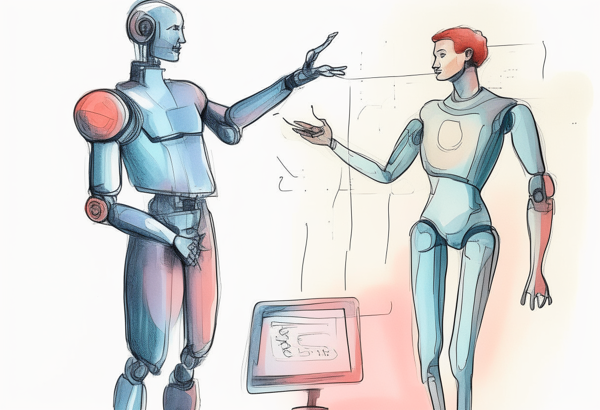 a robotic figure and human drawn in pen and watercolor style facing each other, the human pointing at a diagram on a tablet and the robot looking thoughtful