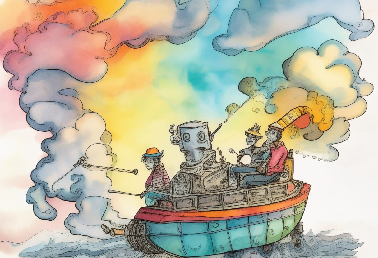 two robotic figures and two humans drawn in pen and watercolor style, traveling together on a small boat underneath a whimsical sky filled with clouds and colors