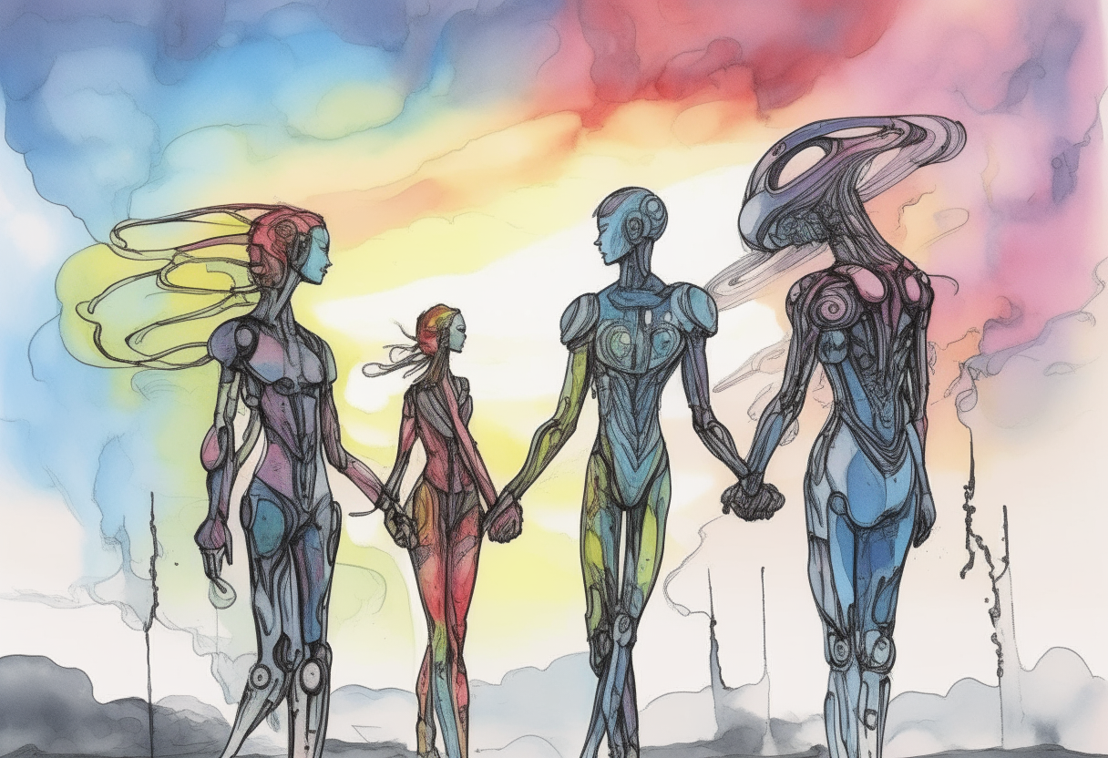 two cyborg figures and two humans drawn in pen and watercolor style, the cyborgs and humans holding hands underneath a colorful sky