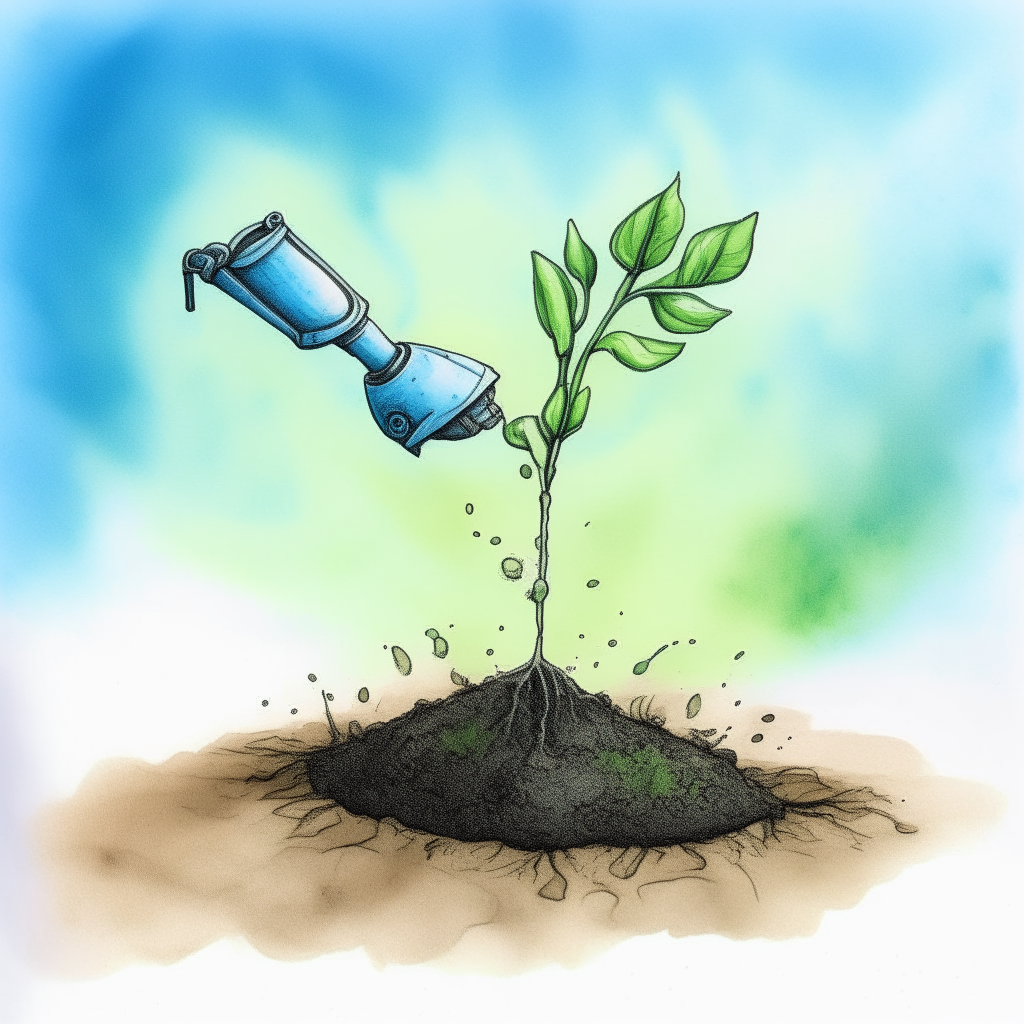 a robotic hand drawn in pen and watercolor style, carefully planting a small green sprout into soil underneath a blue sky