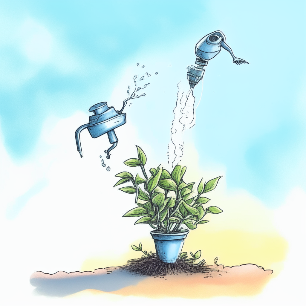 a robotic hand drawn in pen and watercolor style, carefully watering a small potted plant underneath a blue sky