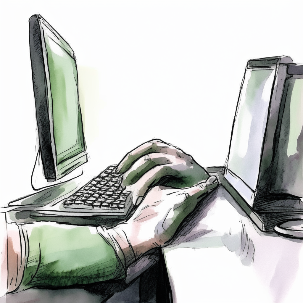 a person sitting at a desk drawn in pen and watercolor style, reaching out to touch their computer monitor with their fingertips