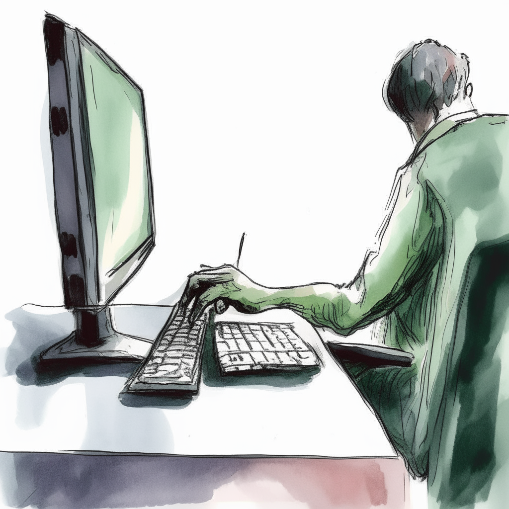 a person sitting at a desk drawn in pen and watercolor style, reaching out with one hand to touch their computer monitor