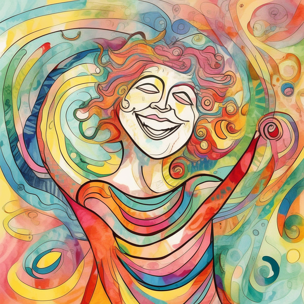 a joyful figure surrounded by swirling bright colors and patterns drawn in pen and watercolor style, with a big smile