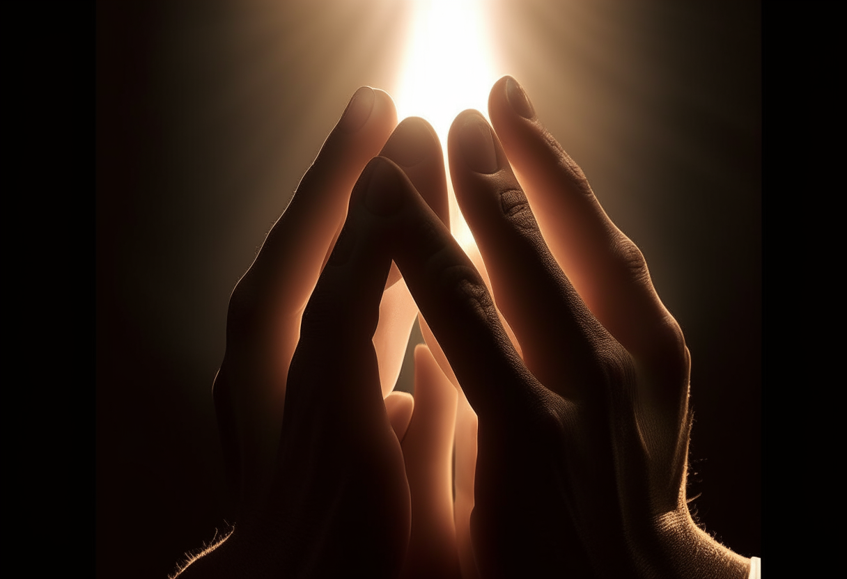1. An image of hands joined in prayer, with a divine light shining on them, symbolizing the answering of prayers for God.
