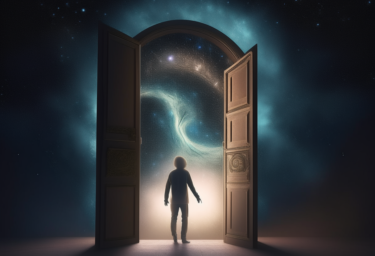 2. A visual representation of a ajar-open celestial door, with a person kneeling in front, representing the idea that when we seek, we find.