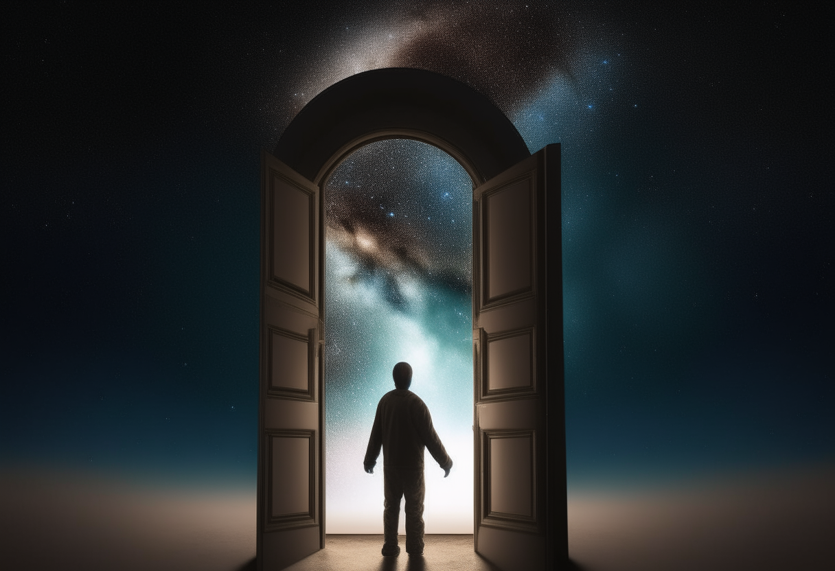 2. A visual representation of a half-open celestial door, with a person kneeling on the ground in front of it, representing the idea that when we seek, we find.