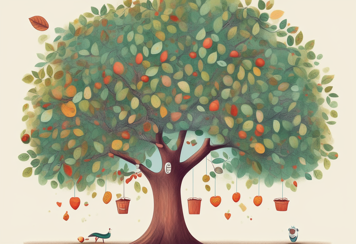 3. An illustration of a wishing tree, where leaves with requests and prayers are being performed and turning into ripe fruits.