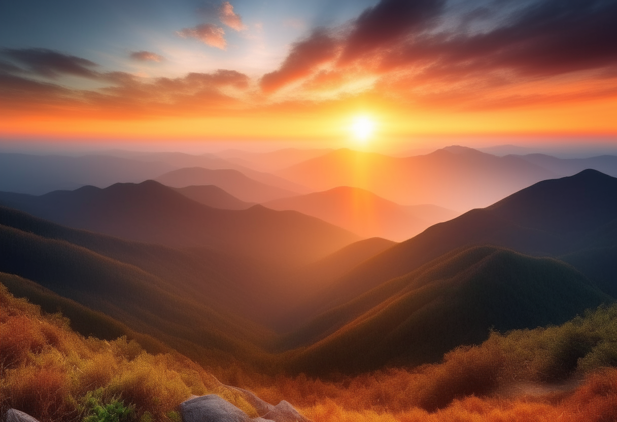 4. Create a scene of a majestic sunrise over a mountain horizon.