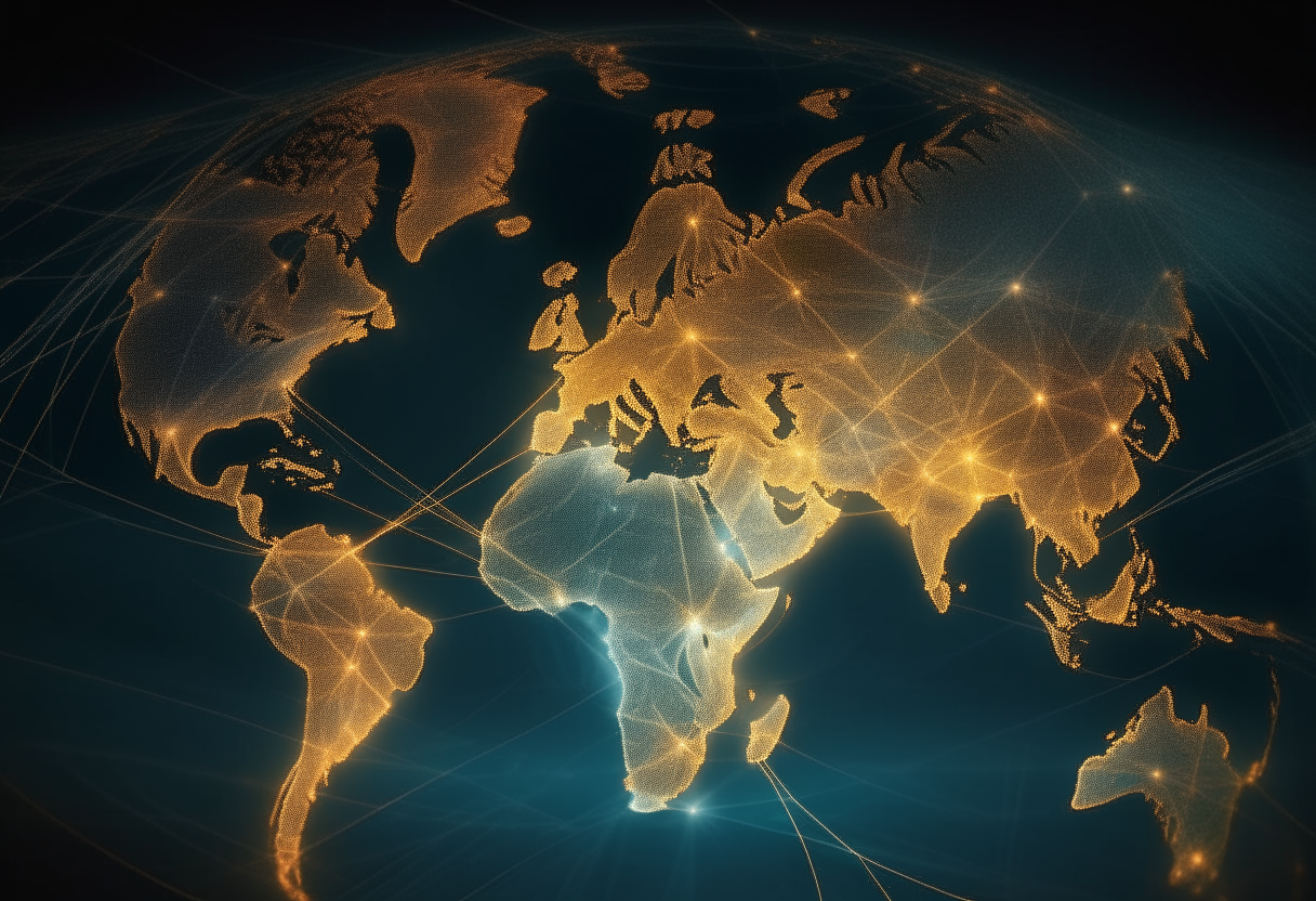 7. An artistic representation of a map of the world, with lines of light connecting people who are seeking God in prayer.